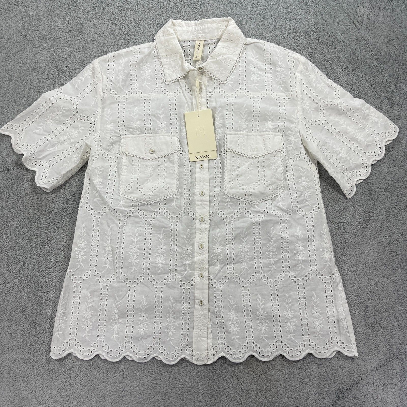 Kivari Estelle Collared Shirt Womens Xs White Broderie Anglaise Cotton Relaxed